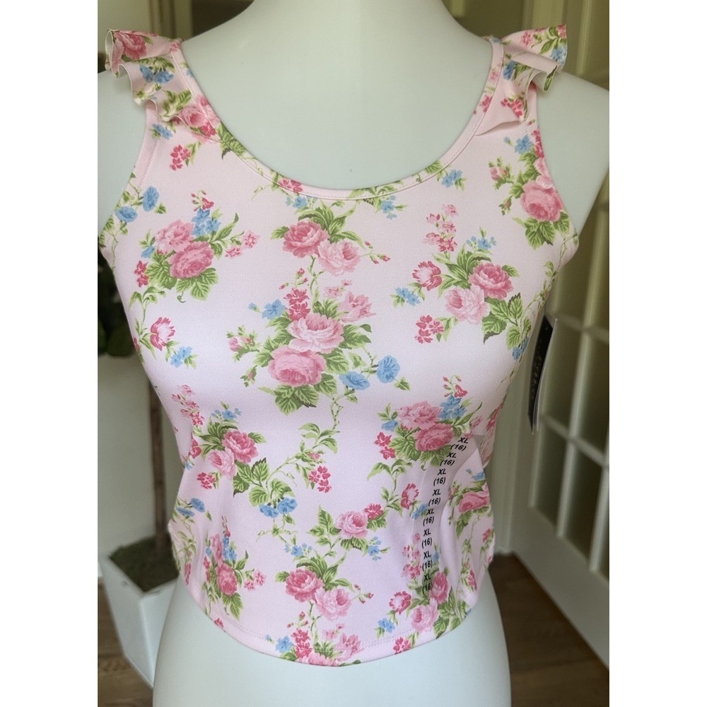 Ralph Lauren Pink Floral Ruffle Sleeve Tank Top Girls XL 16 Sleeveless Stretch